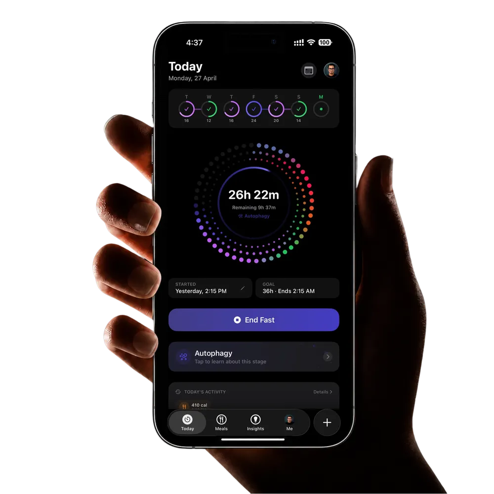 The Atomic Fast app showing its fasting timer and daily tracking on an iPhone.