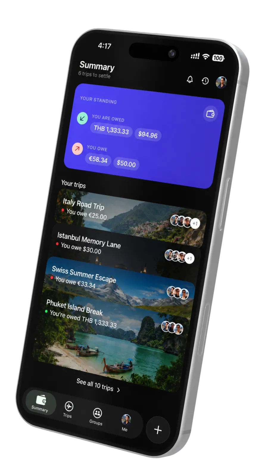 The TripMath app showing shared trips and balances in different currencies on an iPhone.